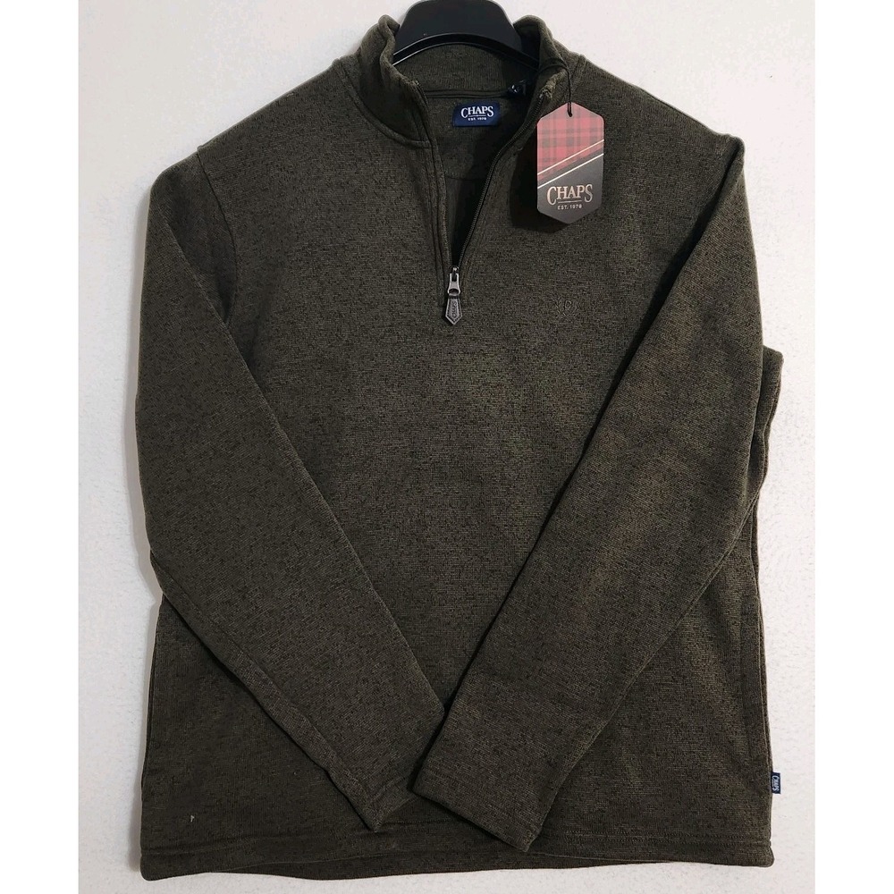 Chaps Pullover Mens L Olive Quarter Zip Waffle Knit Fleece Sweater Top NWT